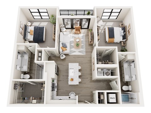 Floor plan for 2 beds, 2 baths, 1105 sqft